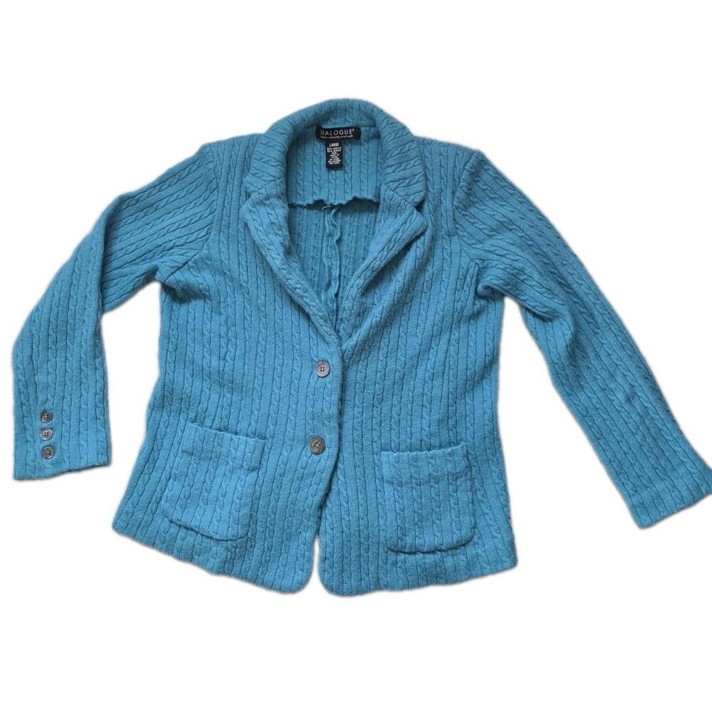 Dialogue Turquoise Cable Knit Merino Wool Blend Sweater Blazer Jacket Size L GUC